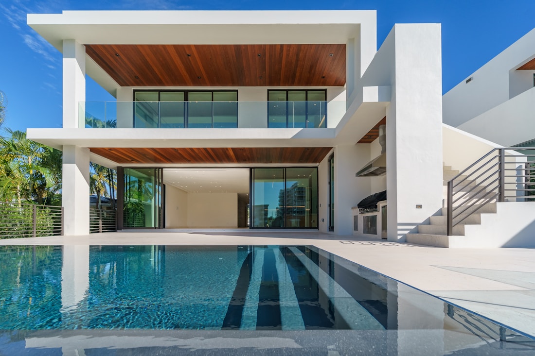 A modern white luxury villa with a pool
